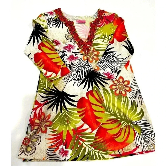 Joyous and Free SZ.M Tropical long line shirt with v neck and beading - Picture 1 of 5